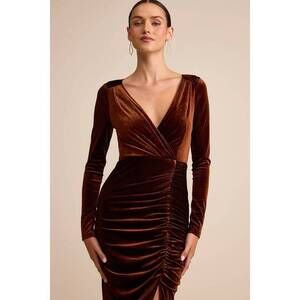 Lulus Yasna Brown Velvet Ruched Surplice Long Sleeve Maxi Dress - Size XL